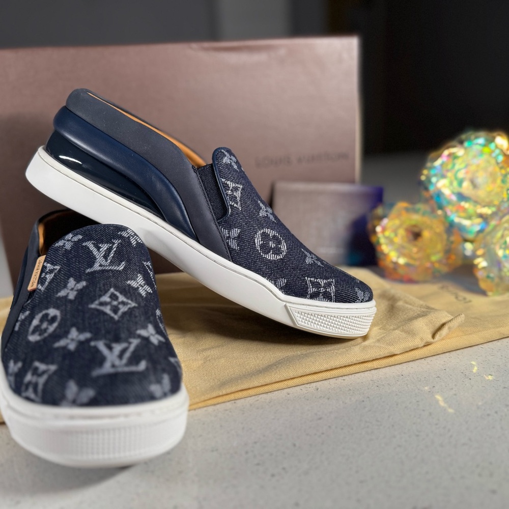 Brand New Louis Vuitton Blue Denim Slip-Ons